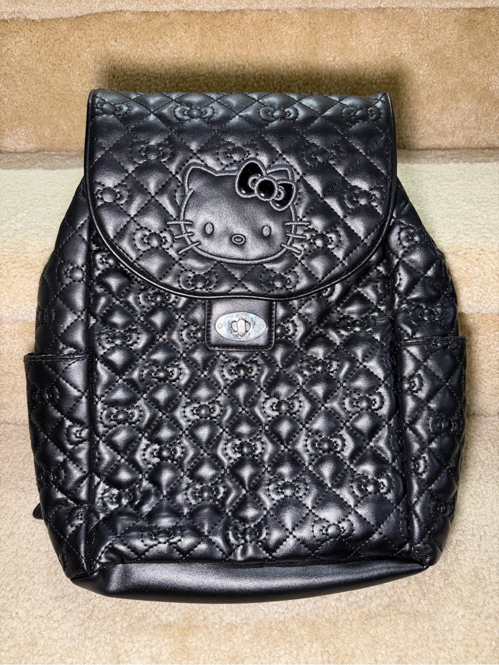 Hello Kitty Sanrio Backpack Bag Quilted Faux Leather Black Chains Adjustable